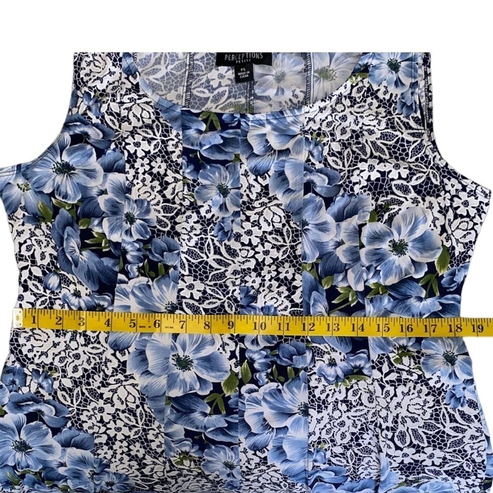 PERCEPTIONS Petite Dress Sleeveless Puff Print Lace Floral Blue White Wo… - Picture 11 of 14